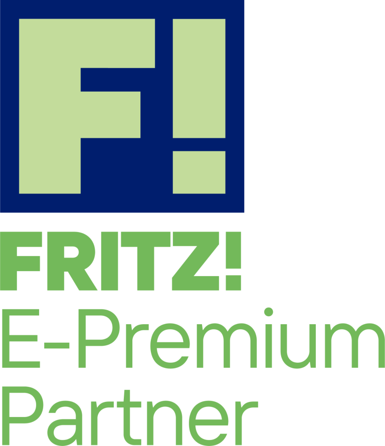 Fritz! E-Premium Partner Logo Logo von Fritz! mit dem Zusatz "E-Premium Partner" in Blau und Grün.