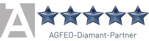 Agfeo 5-Sterne Partner Logo Fünf blaue Sterne mit dem Text "AGFEC-Diamant-Partner" darunter.