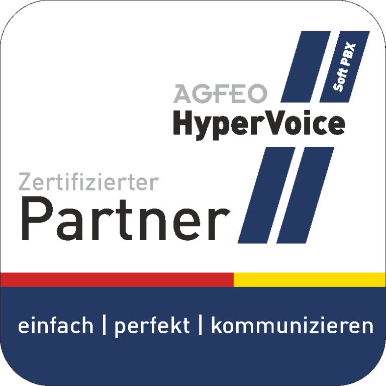 Zertifizierter Partner Agfeo HyperVoice Logo Logo von AGFEO HyperVoice, zertifizierter Partner mit dem Slogan „einfach | perfekt | kommunizieren“.