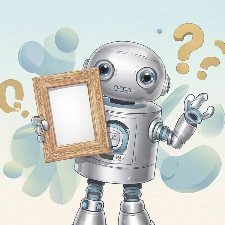Platzhalter - KI generiertes Bild Ein freundlicher Roboter hält einen Bilderrahmen und schaut neugierig.