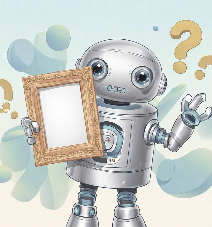 Platzhalter - KI generiertes Bild Ein freundlicher Roboter hält einen Bilderrahmen und schaut neugierig.